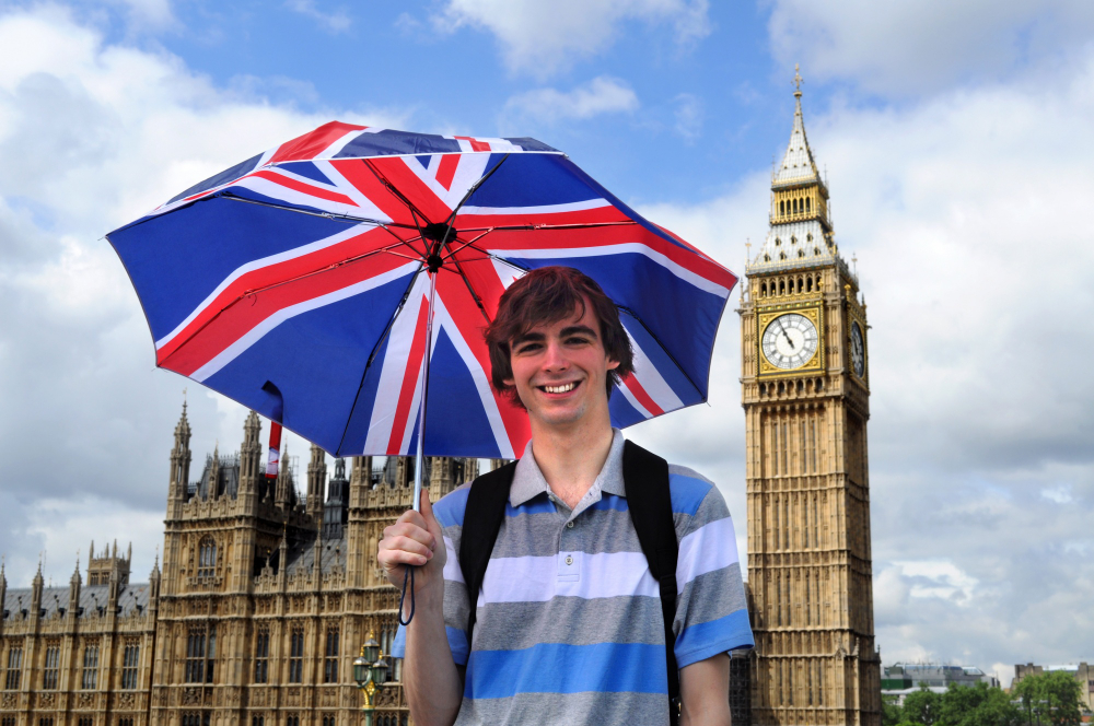 A man with an umbrella poses in front of Big Ben, highlighting the iconic clock tower on a rainy day